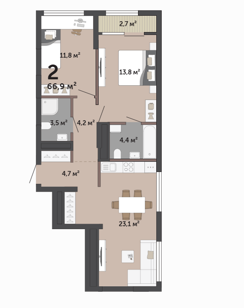Продаётся 2-комнатная квартира, 66.9 м²