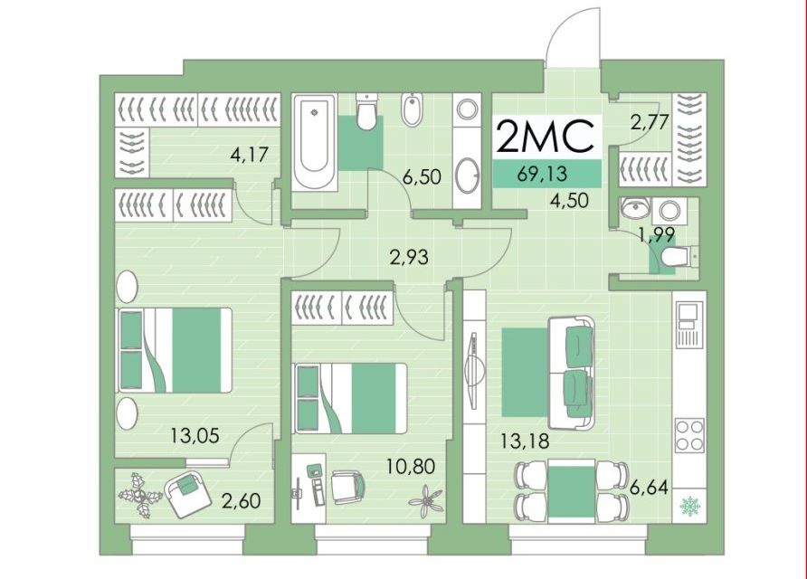 Продаётся 2-комнатная квартира, 69.2 м²