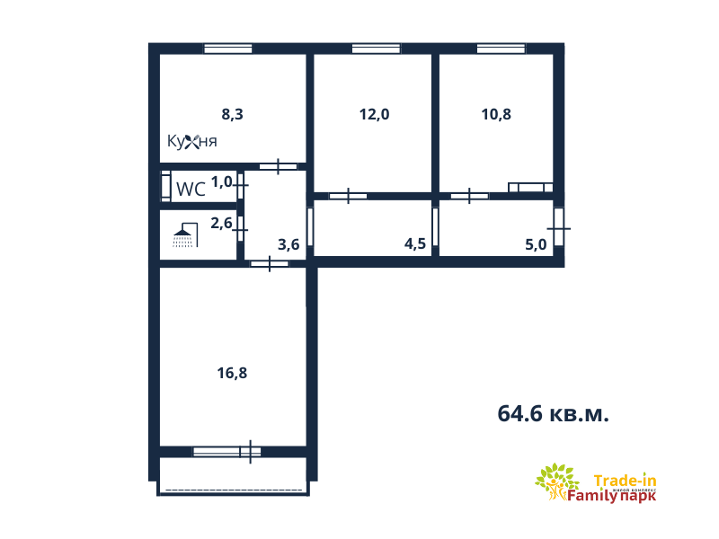 Продаётся 3-комнатная квартира, 64.6 м²