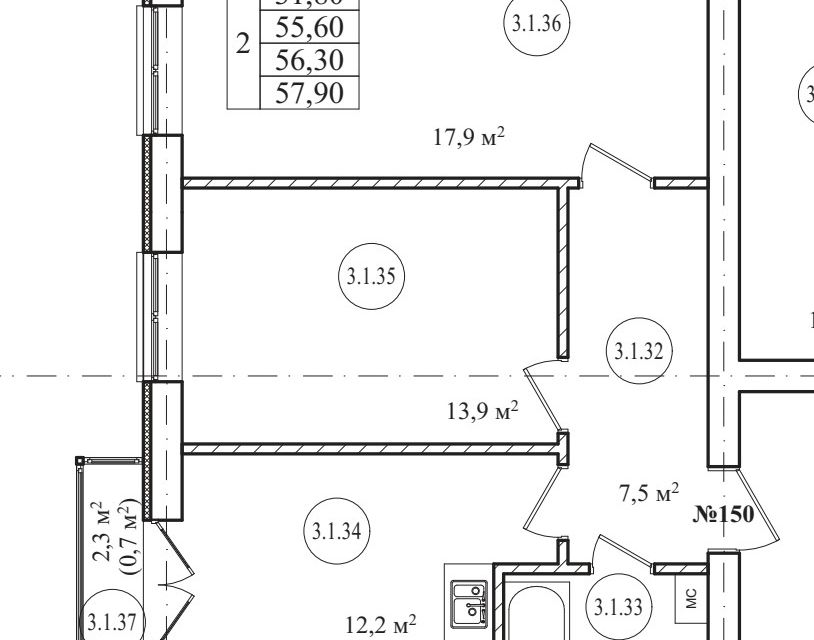 Продаётся 2-комнатная квартира, 56.9 м²
