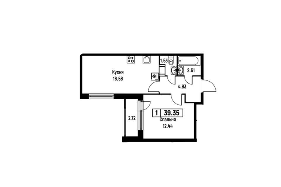 Продаётся 1-комнатная квартира, 39.35 м²