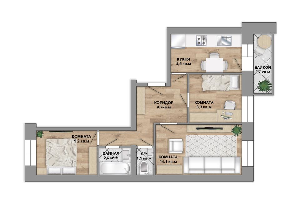Продаётся 3-комнатная квартира, 57.6 м²