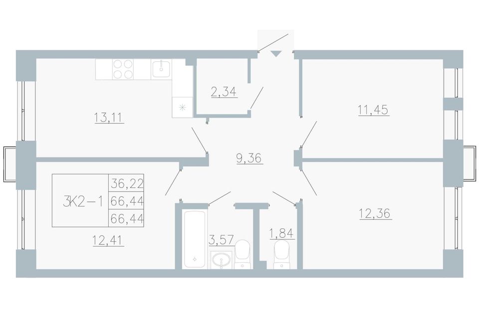 Продаётся 3-комнатная квартира, 66.44 м²