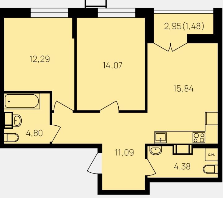 Продаётся 2-комнатная квартира, 64.8 м²