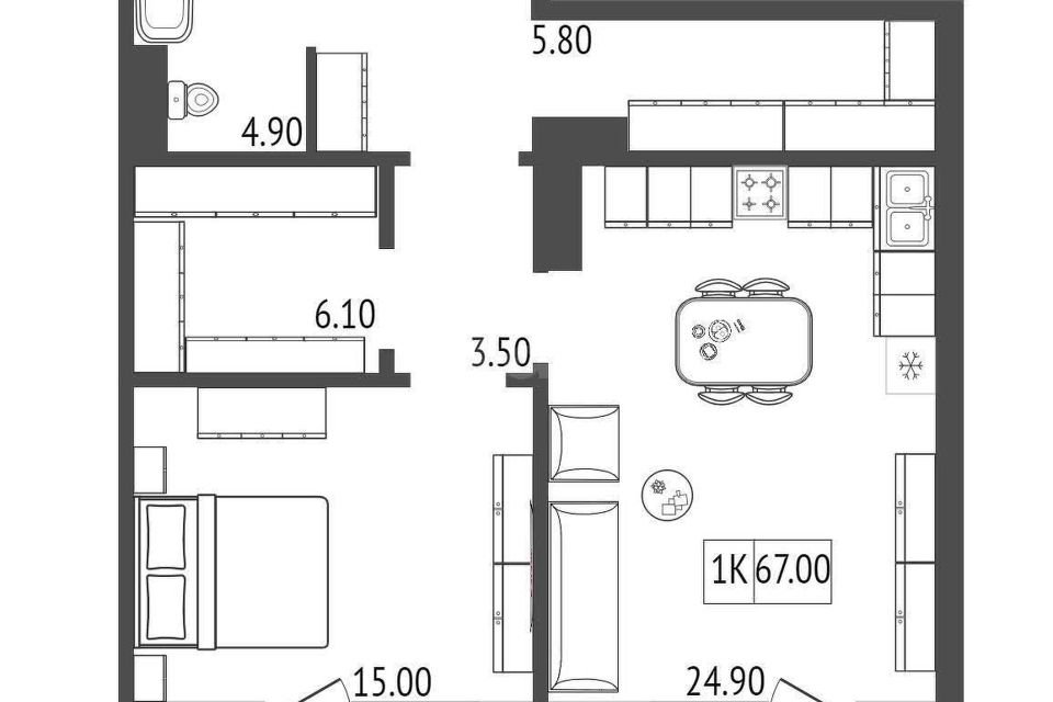 Продаётся 1-комнатная квартира, 70.75 м²