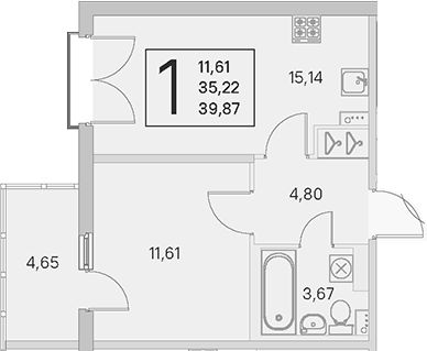 Продаётся 1-комнатная квартира, 35.22 м²