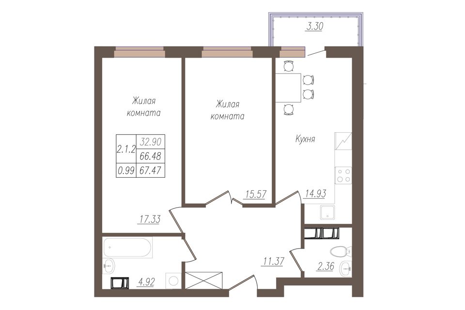 Продаётся 2-комнатная квартира, 66.3 м²