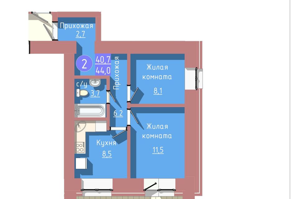 Продаётся 2-комнатная квартира, 44 м²