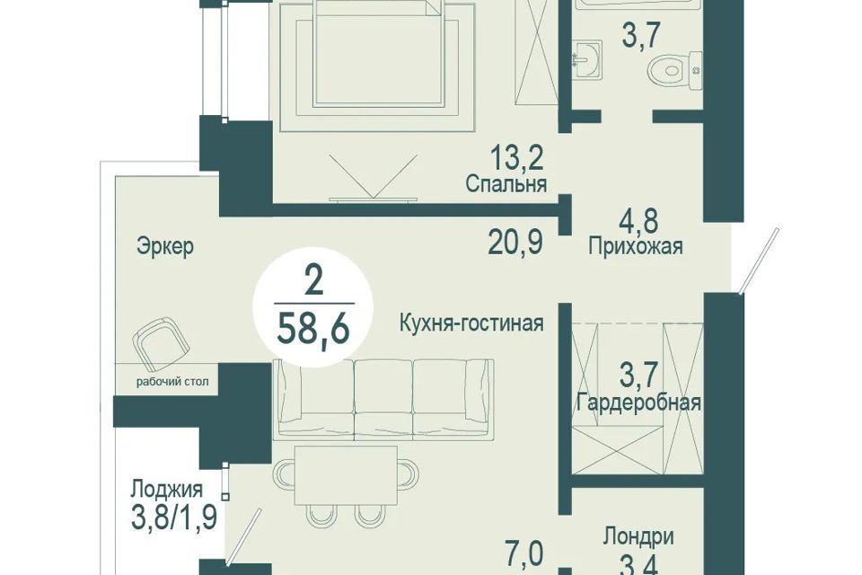 Продаётся 1-комнатная квартира, 58.6 м²