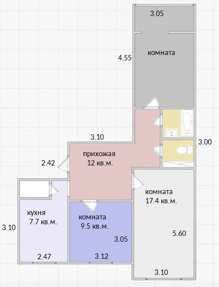 Продаётся 3-комнатная квартира, 63 м²
