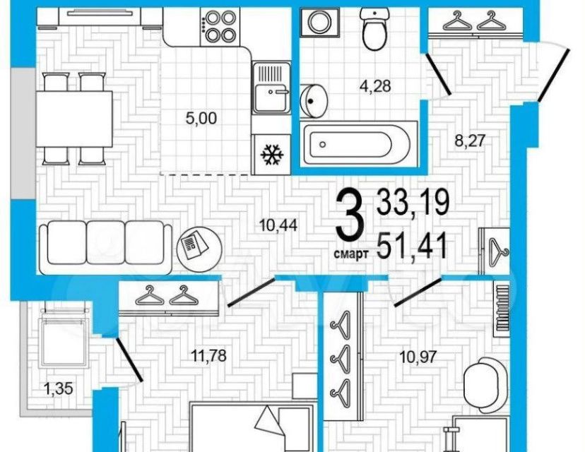 Продаётся 3-комнатная квартира, 51.41 м²