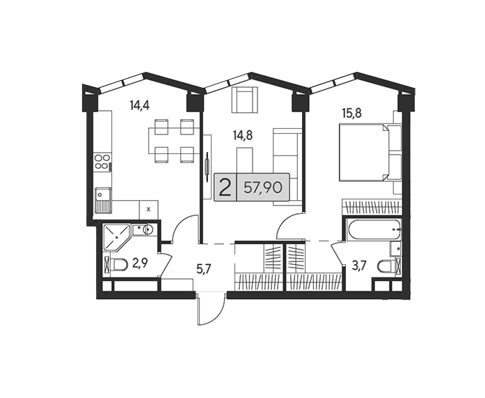 Продаётся 2-комнатная квартира, 57.9 м²