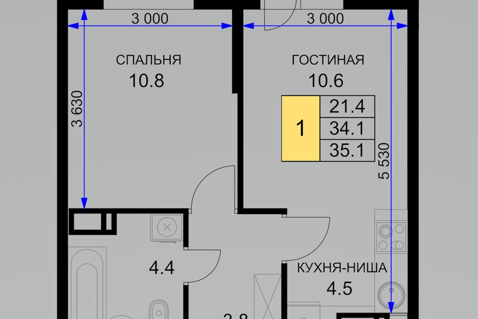 Продаётся 1-комнатная квартира, 35.1 м²