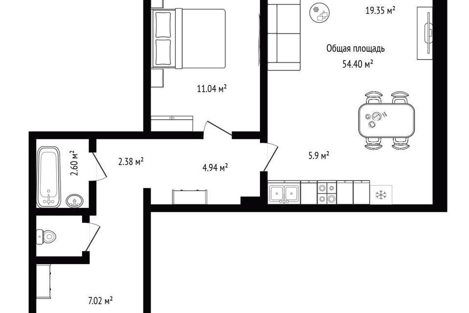 Продаётся 1-комнатная квартира, 54.4 м²