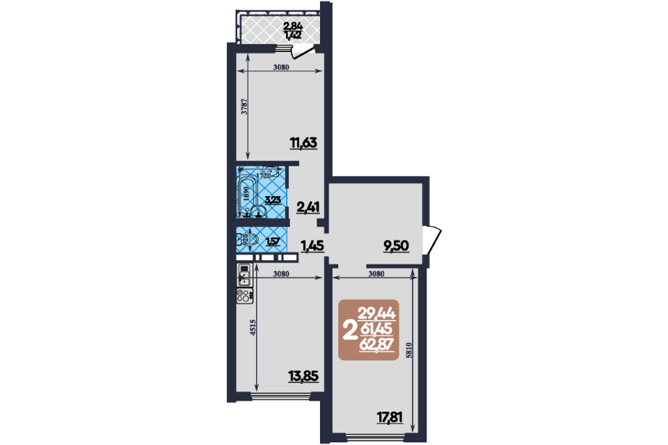 Продаётся 2-комнатная квартира, 62.8 м²