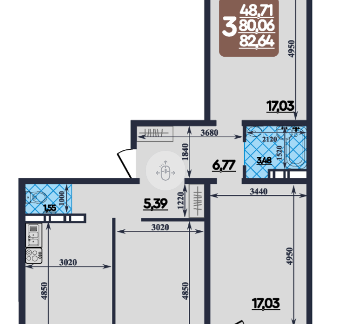 Продаётся 3-комнатная квартира, 82.64 м²