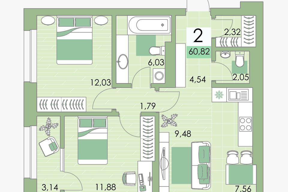 Продаётся 2-комнатная квартира, 60.82 м²