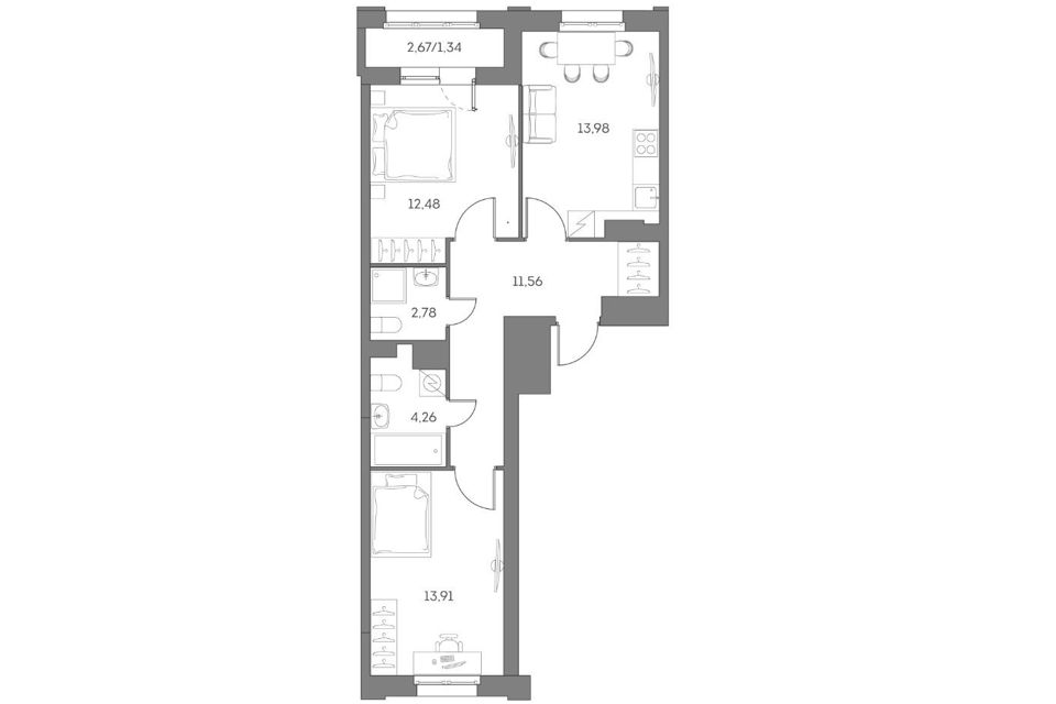 Продаётся 2-комнатная квартира, 60.31 м²