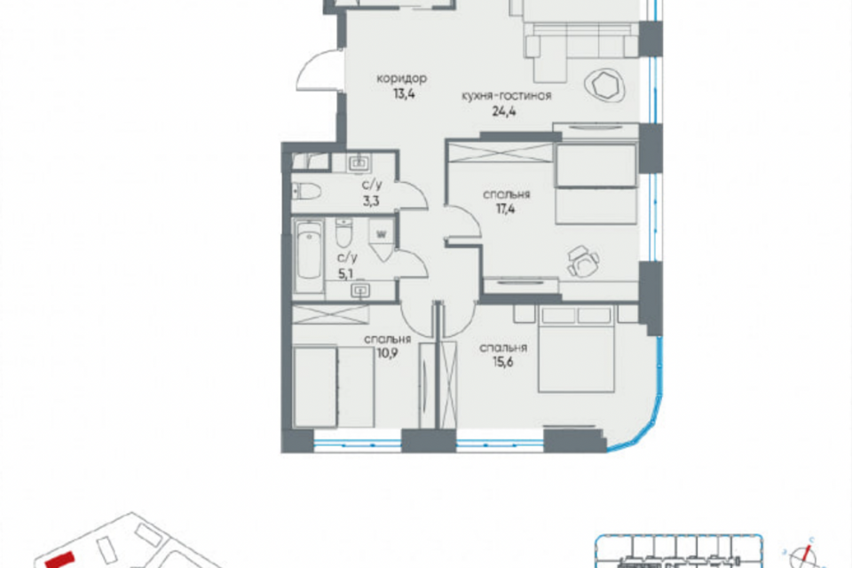 Продаётся 3-комнатная квартира, 95.2 м²