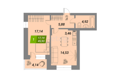 Продаётся 1-комнатная квартира, 45.93 м²