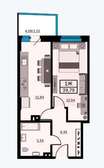 Продаётся 1-комнатная квартира, 42.6 м²