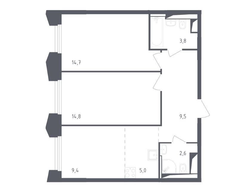 Продаётся 2-комнатная квартира, 59.8 м²