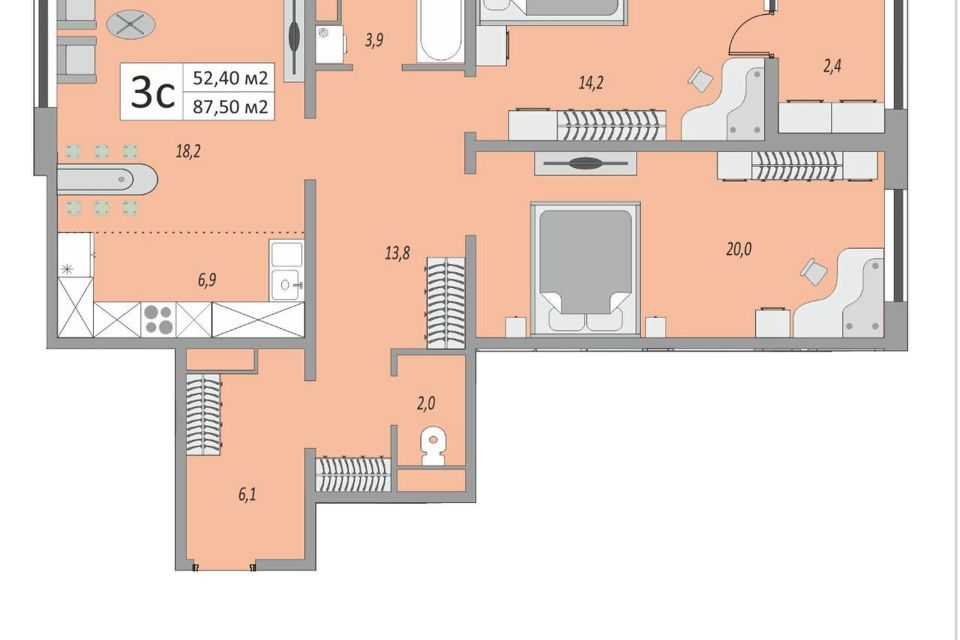Продаётся 3-комнатная квартира, 87.5 м²