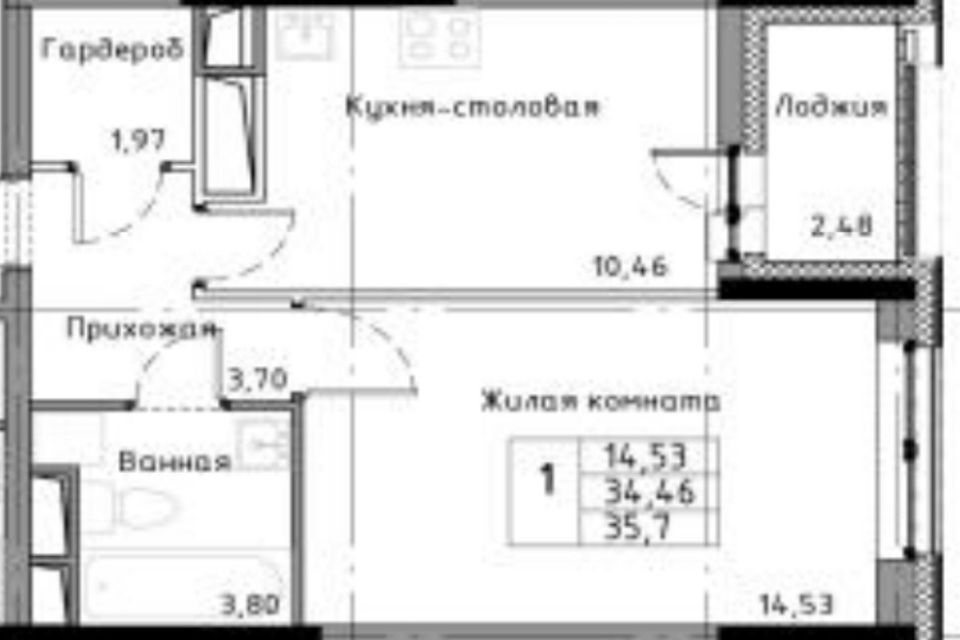 Продаётся 1-комнатная квартира, 34.46 м²