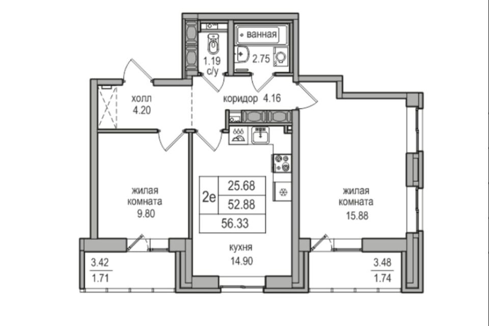 Продаётся 2-комнатная квартира, 52 м²