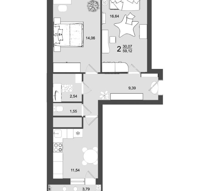 Продаётся 1-комнатная квартира, 59.12 м²