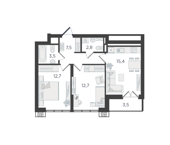 Продаётся 2-комнатная квартира, 58.1 м²