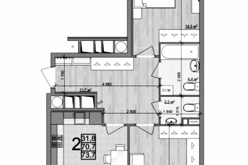 Продаётся 2-комнатная квартира, 74 м²