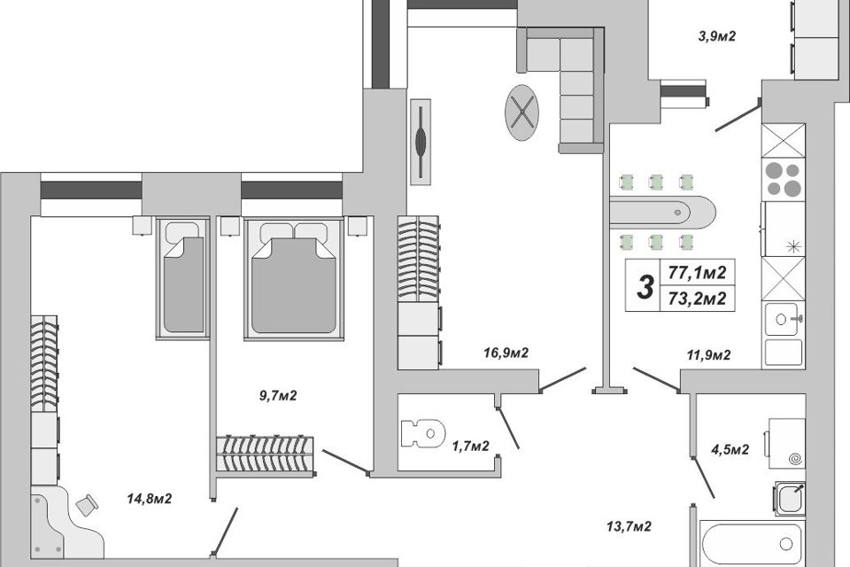 Продаётся 3-комнатная квартира, 77.1 м²