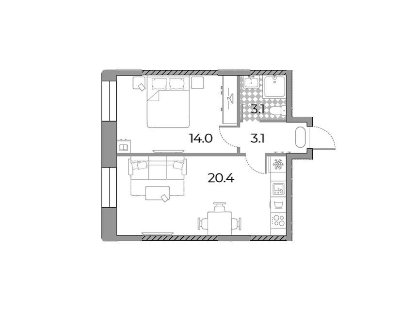 Продаётся 1-комнатная квартира, 40.6 м²