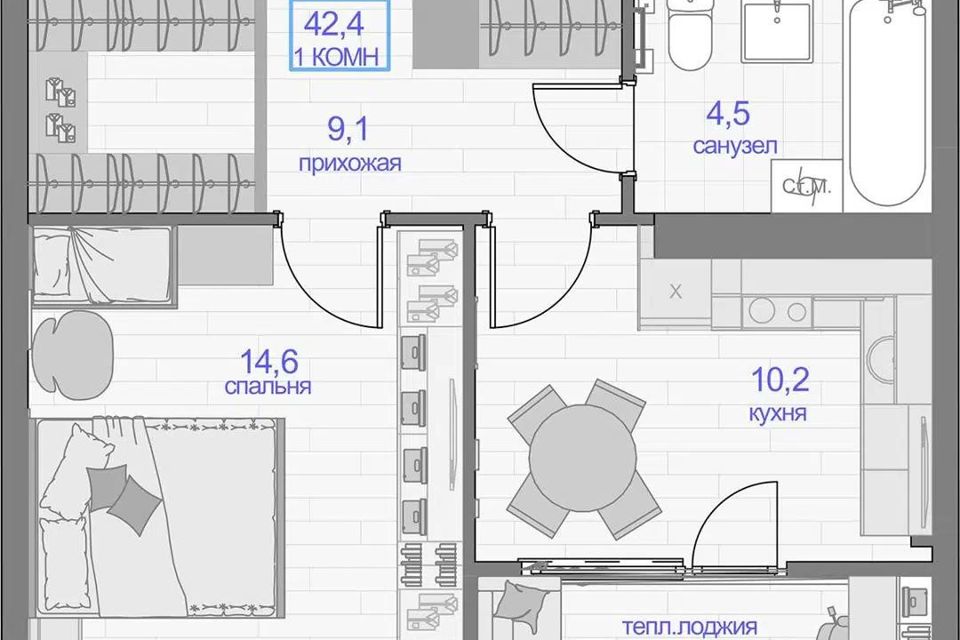 Продаётся 1-комнатная квартира, 42.4 м²
