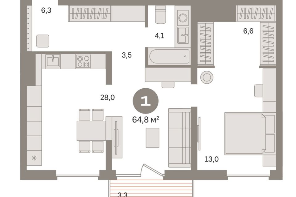 Продаётся 1-комнатная квартира, 64.8 м²