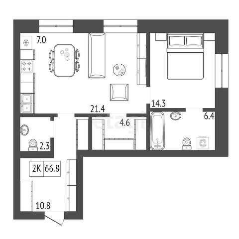 Продаётся 1-комнатная квартира, 66.8 м²