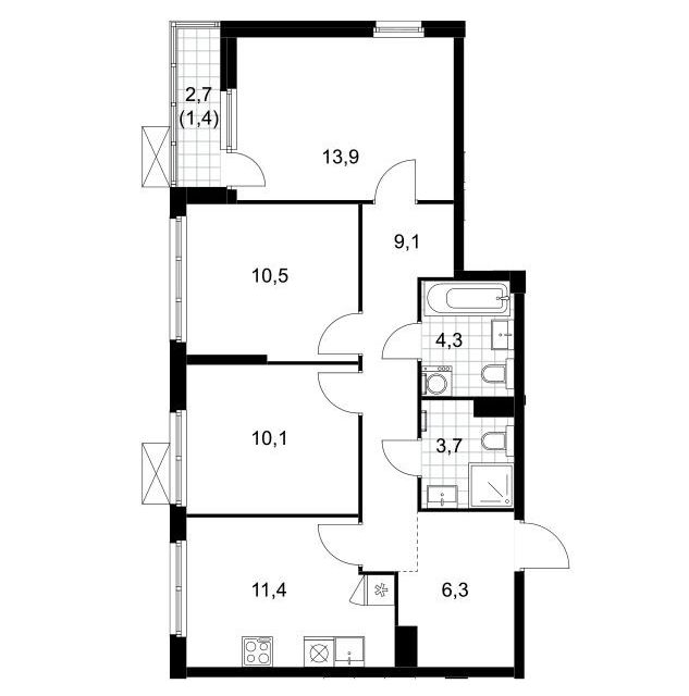 Продаётся 3-комнатная квартира, 70.7 м²