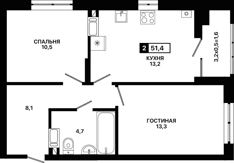 Продаётся 2-комнатная квартира, 51.4 м²