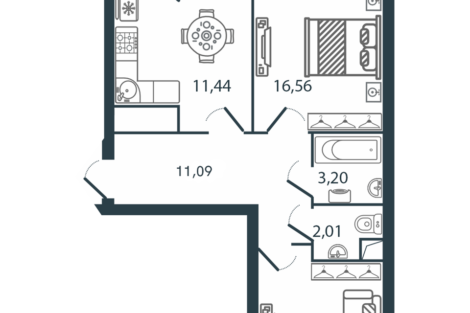 Продаётся 2-комнатная квартира, 55.9 м²