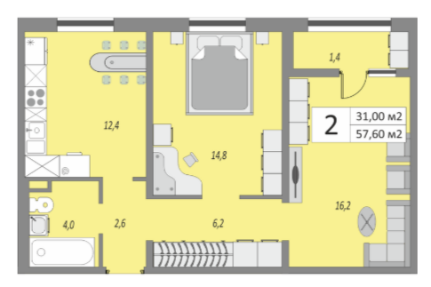 Продаётся 2-комнатная квартира, 56 м²
