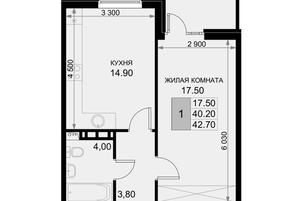 Продаётся 1-комнатная квартира, 40.2 м²
