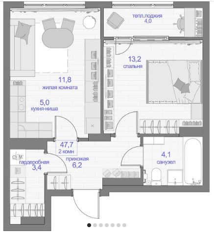 Продаётся 2-комнатная квартира, 47.7 м²