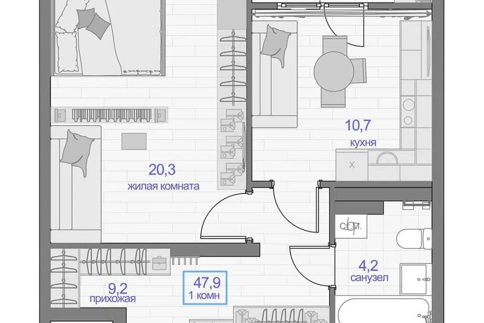 Продаётся 1-комнатная квартира, 47.9 м²