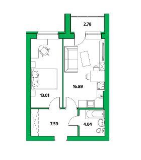 Продаётся 1-комнатная квартира, 44.3 м²