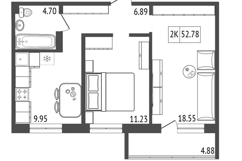 Продаётся 2-комнатная квартира, 52.81 м²