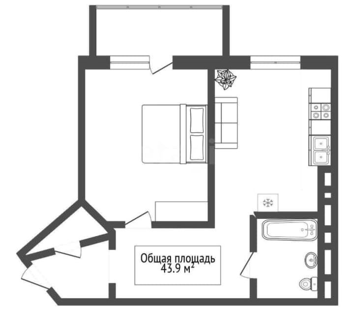 Продаётся 1-комнатная квартира, 43.9 м²