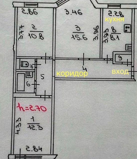 Продаётся 3-комнатная квартира, 63.5 м²