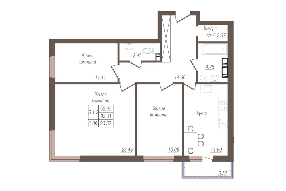 Продаётся 3-комнатная квартира, 91.8 м²