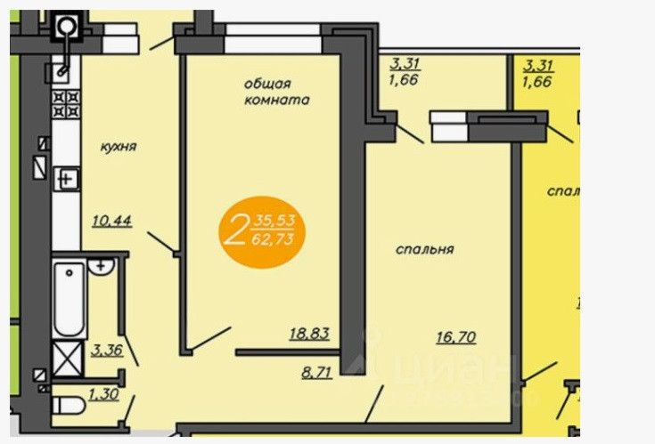 Продаётся 2-комнатная квартира, 63 м²